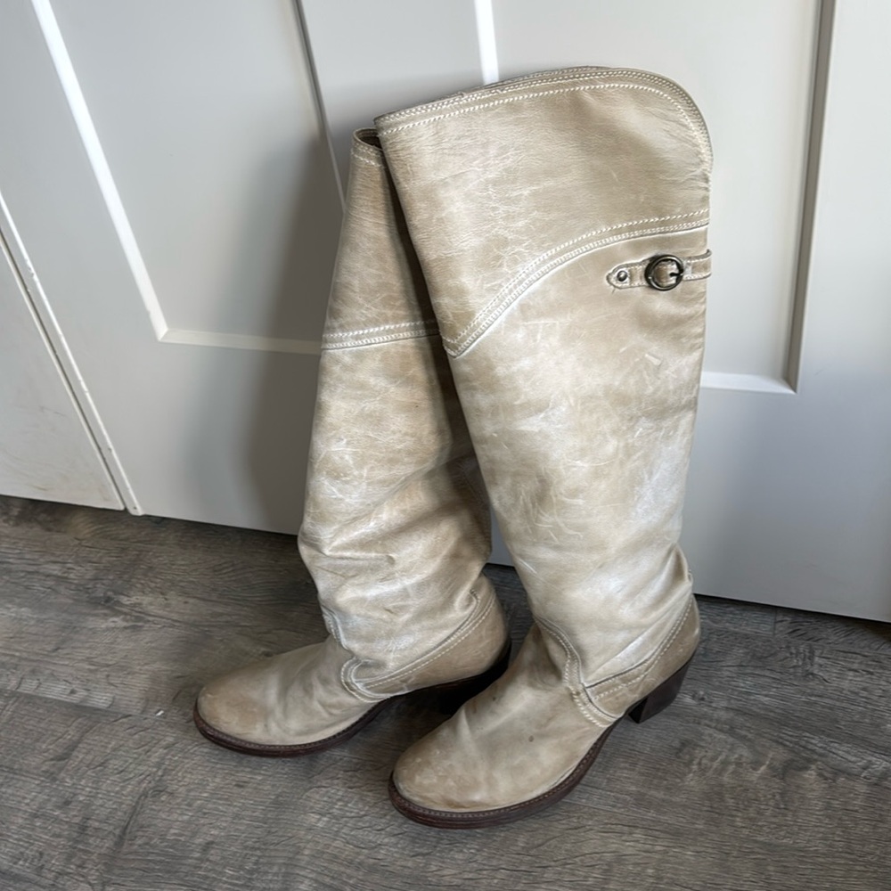 Cream Leather Tall Frye Boots Size 9